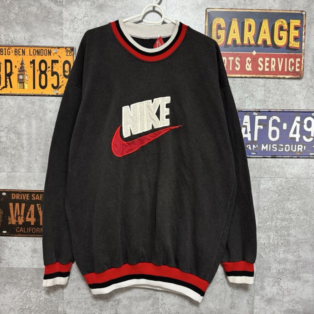 90s USA製 NIKE スウェット 刺繍ロゴ ブラック×レッド XL 拍卖