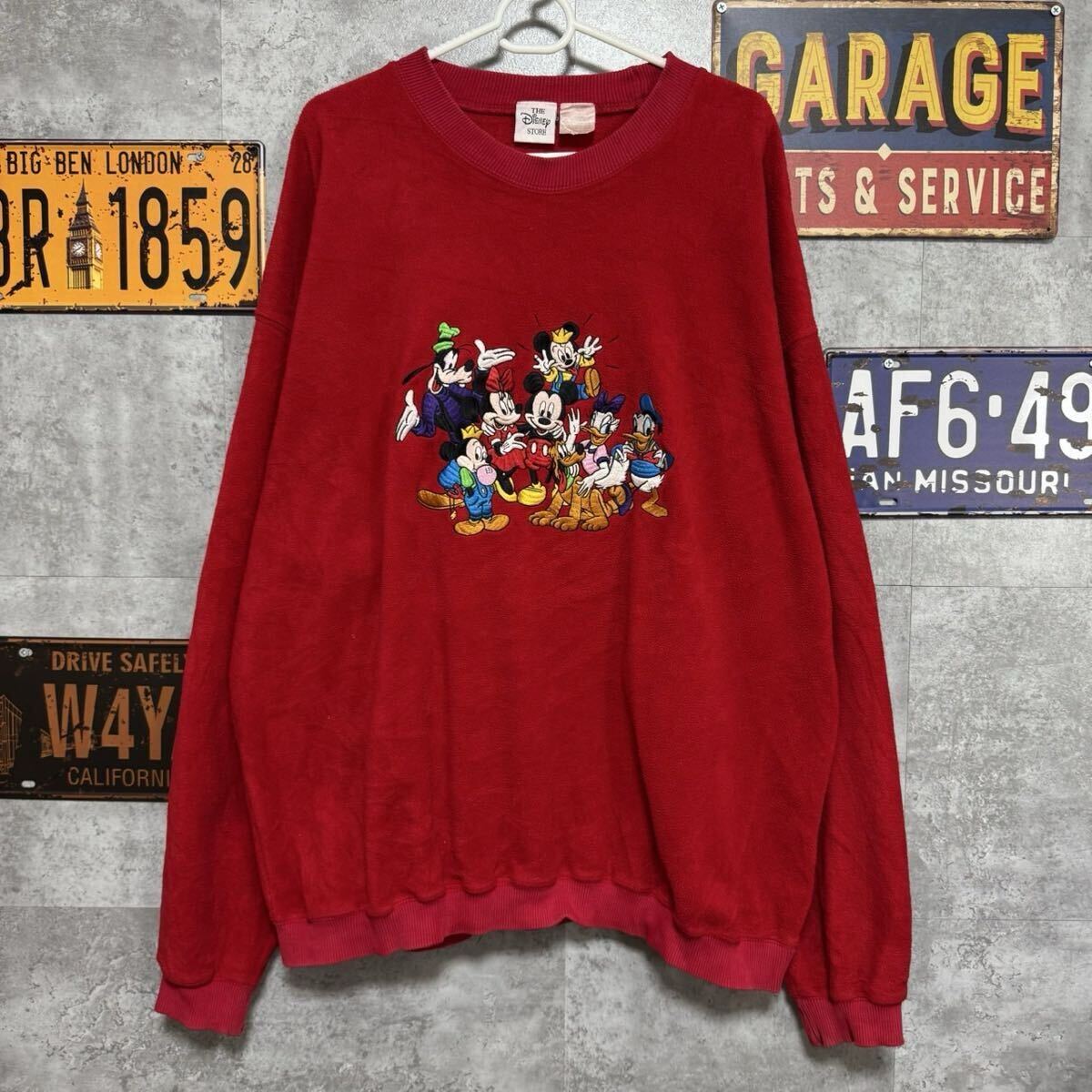 90s The Disney Store ミッキー&フレンズ 刺繍 スウェット トレーナー 赤 ビッグプリント 拍卖