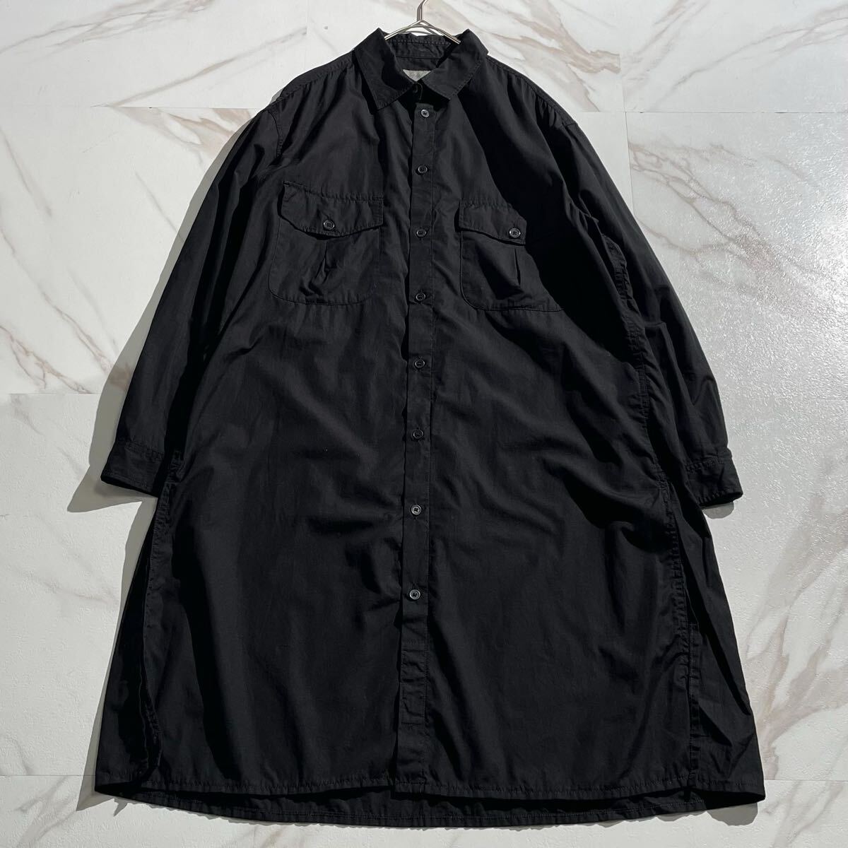 美品 21SS◆ Yohji Yamamoto POUR HOMME バックギャザー サイドスリット ロングシャツ 長袖 コットン 黒 XL相当 ヨウジヤマモトプールオム拍卖
