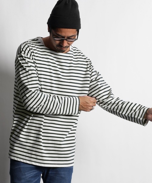 The DUFFER of ST.GEORGE BORDER BASUQUE SHIRT:バスクシャツ オーバーサイズ ボーダーロンTEE ホワイト×グリーン Sサイズ 美品拍卖