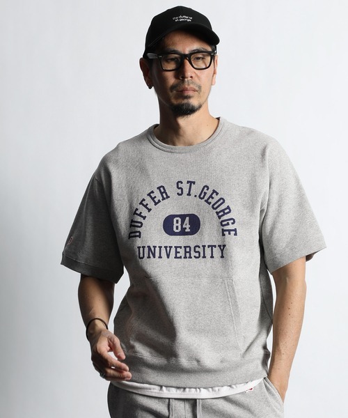 【定価9,900円】The DUFFER of ST.GEORGE 2022SS COLLEGE H/S SWEAT:カレッジプリント セットアップ 半袖スウェット グレー L 試着のみ拍卖