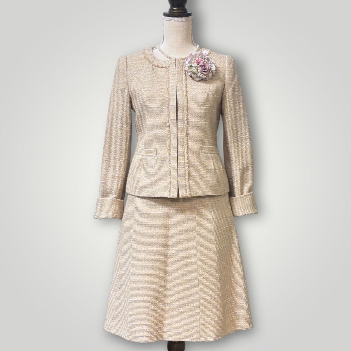 2002 美品【any sis/エニィスィス】ツィード ベーシックセットアップ M クリーニング済 ベージュ系 七五三 卒業式 入学式 スカートスーツ拍卖