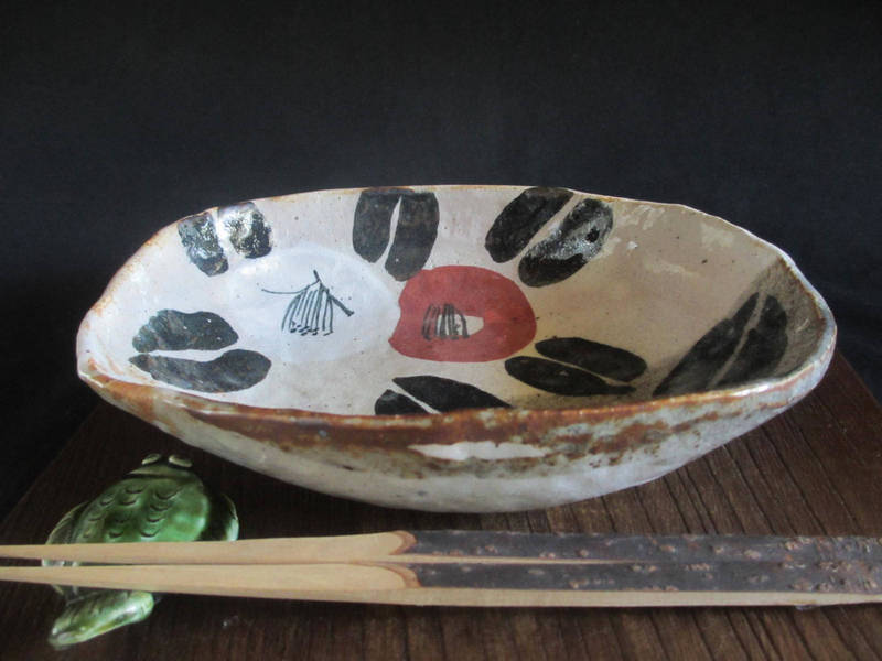 楕円鉢 織部 椿絵 長丸鉢 陶芸作家・佐藤和次作 S-716拍卖