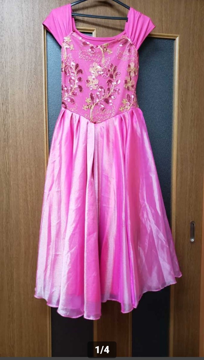 11★刺繍&スパンコールオーガンジーギャザードレス ピンク系 見頃ストレッチあり フラダンス 社交ダンス 拍卖