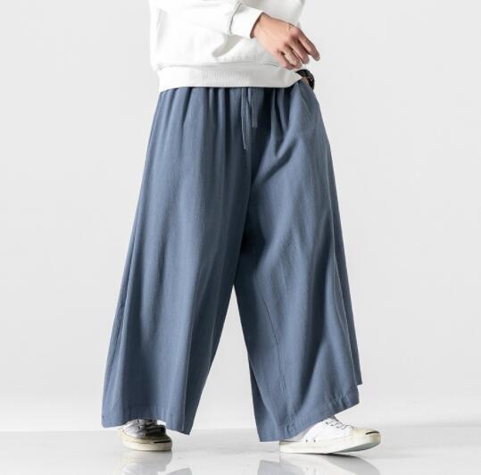 大人気リネン パンツ メンズ ワイドパンツ バギーパンツ 綿 麻 麻パンツ イージーパンツ 無地パンツ ボトムス 袴パンツブルーXL拍卖