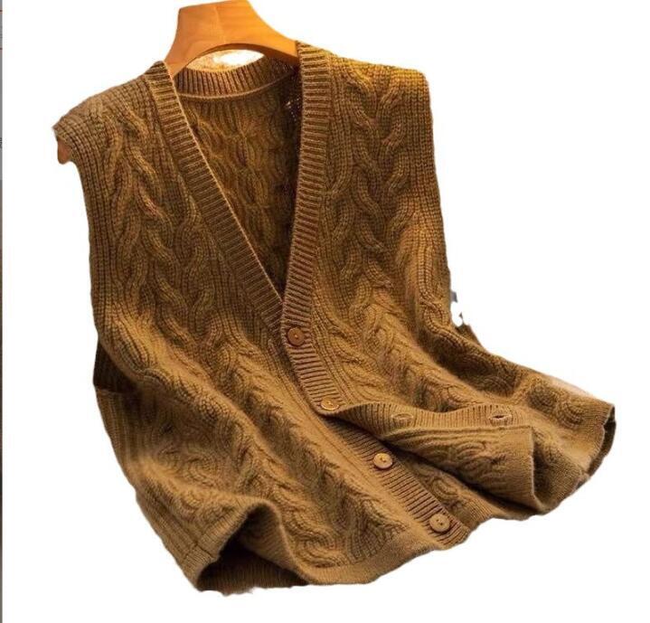 新品秋冬ニットベスト トップス Vネック 前開き レディース ニット おしゃれ 大きいサイズ 着痩せ 重ね着 セーター 通勤 羽織り カーキ拍卖