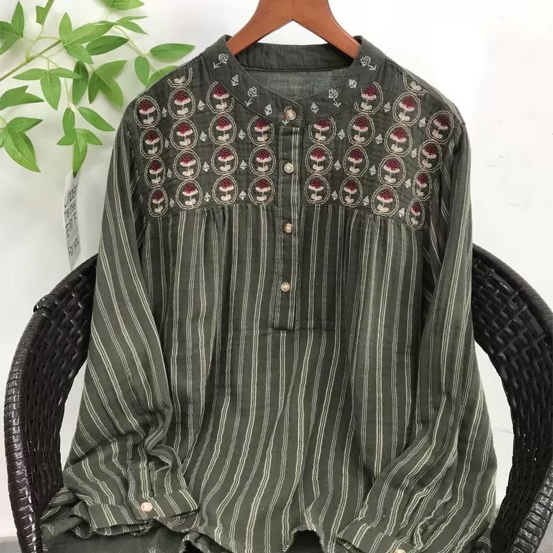 大人気チュニック ワイシャツ 襟も刺花柄 ダブルガーゼ ストライプ柄 綿100% コットン オシャレ フリーサイズ ナチュラル カラー拍卖