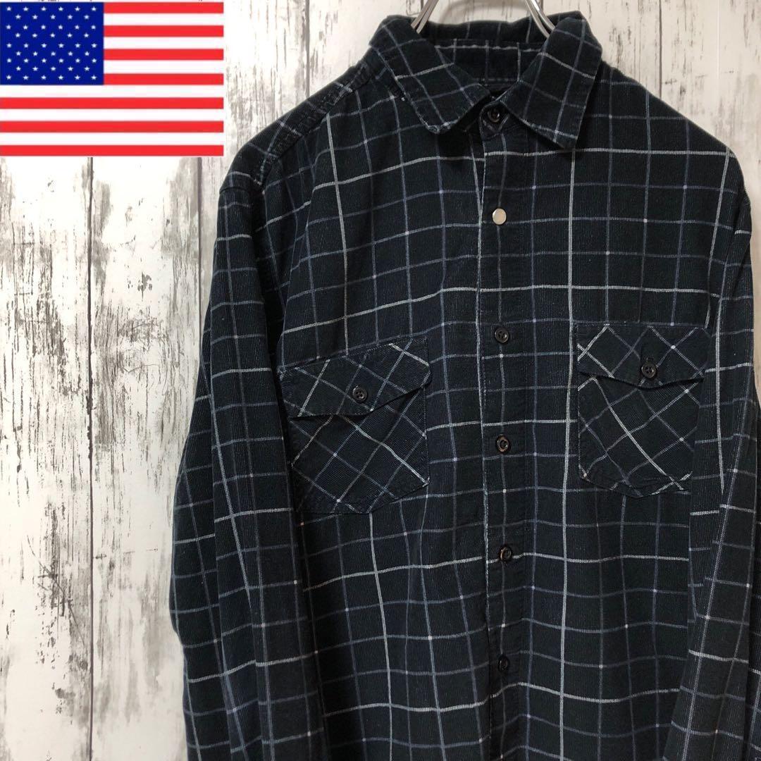 BRUNO アメリカ古着 コーデュロイ 長袖シャツ チェック メンズ ブラック 海外古着 モノトーン S拍卖