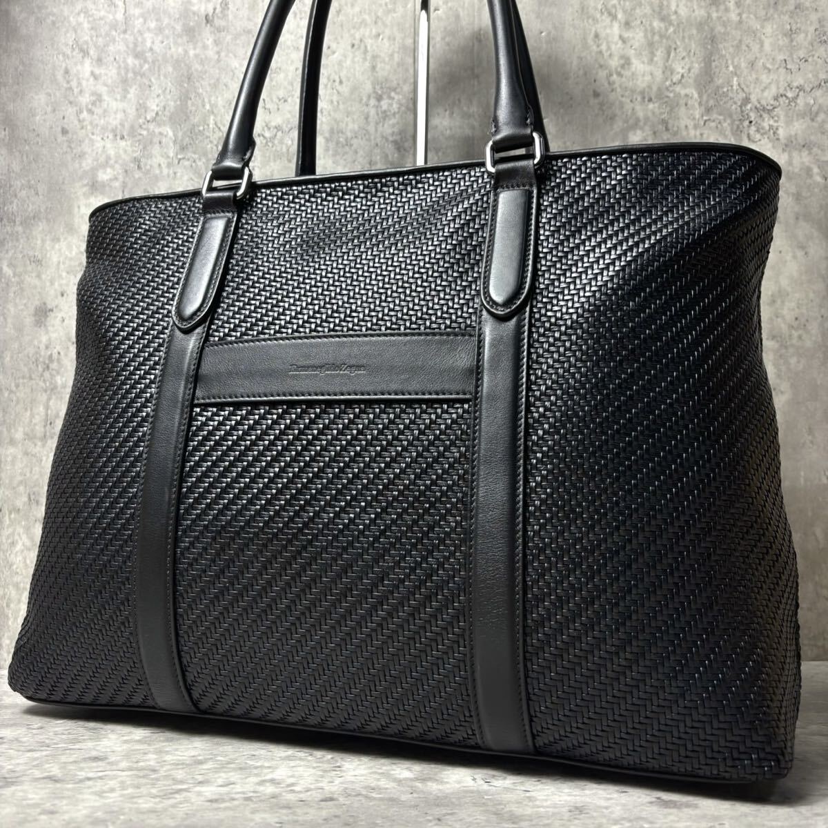 極美品/現行モデル●Ermenegildo Zegna エルメネジルドゼニア トートバッグ イントレチャート 編み込み 肩掛け レザー本革 ビジネス メンズ拍卖