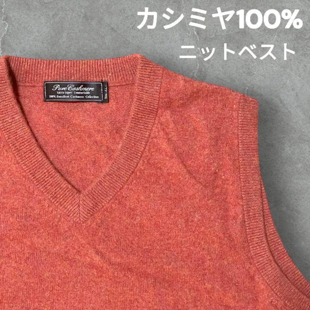 Cashmere カシミヤ100% Vネックニットベスト 暖色系 size:LL カシミア オフィスカジュアル フォーマル ベーシック シンプル 高級 メンズ拍卖