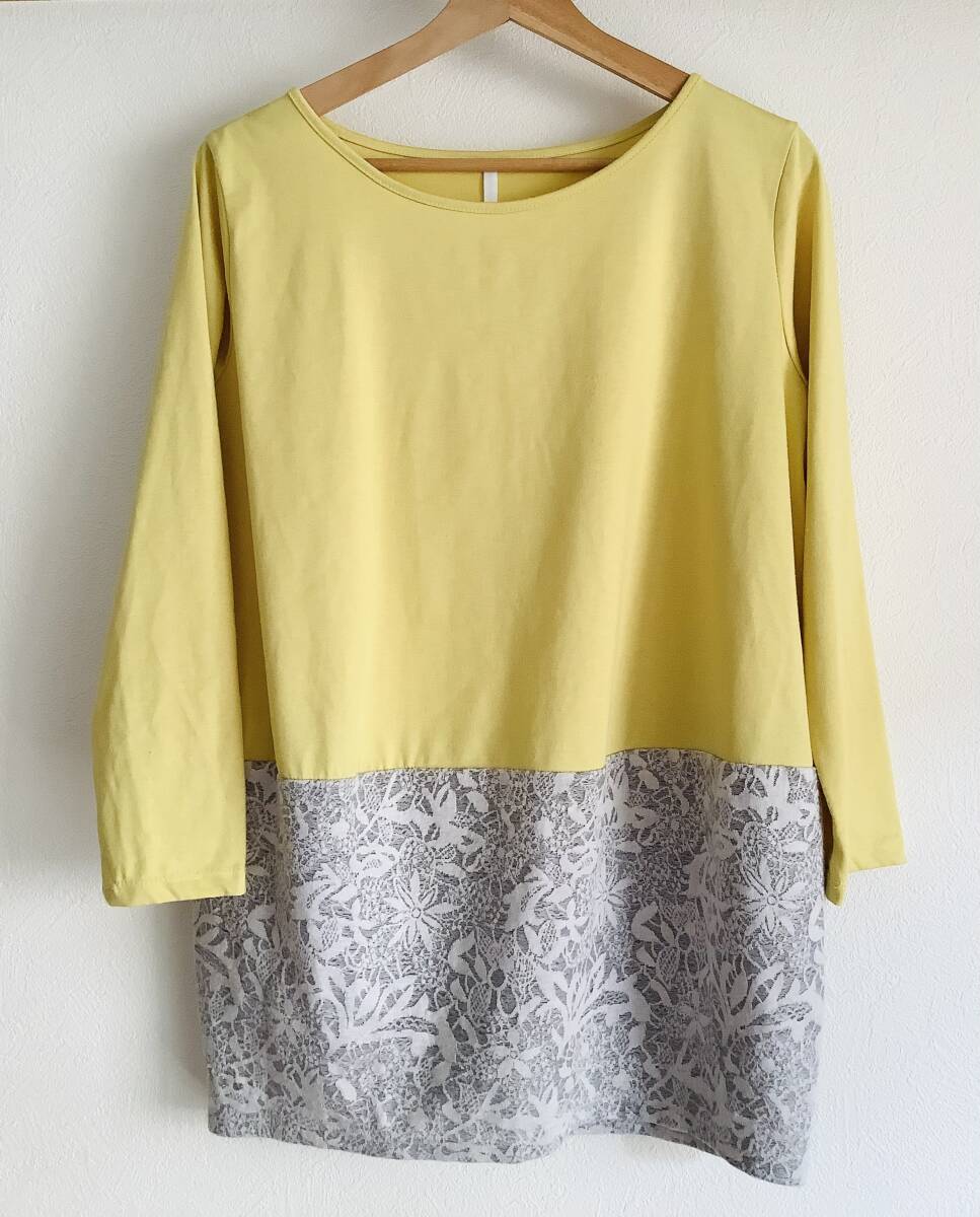【中古美品】ELLE エル 長袖 カットソー トップス チュニック 黄色 イエロー グレー レース ニット生地 38サイズ M〜Lサイズ拍卖
