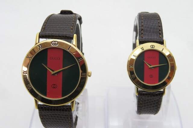 1円~【ペアウォッチ 動品】GUCCI グッチ 3000M/L シェリーライン クオーツ 腕時計 ブラウン リザードベルト純正 ケース有り 10-8-10拍卖