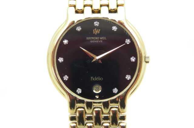 1円~【動品】RAYMOND WEIL レイモンド・ウィル Fidelio フィデリオ 4802 メンズ クオーツ 腕時計 ブラック文字盤 18K ゴールド 10-8-20拍卖