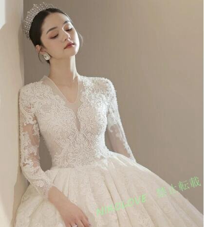☆新品 豪華レースウェディングドレス Aライン 7分袖 Vネック パニエ ベール グローブ付 白 小さい~大きいサイズ 結婚式 舞台 撮影拍卖