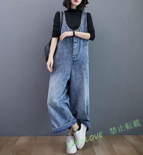 新品サロペット オーバーオール オールインワン ボトムス デニム ワイドパンツ ジーンズ つなぎ パンツ ワイドデニム ブルー 青 チチカカ風拍卖
