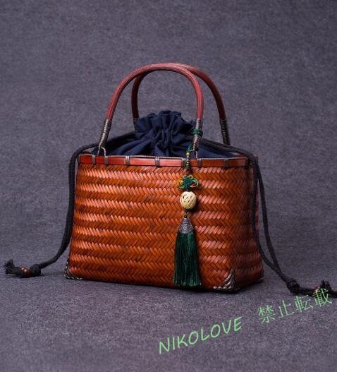 ☆新品手作りの竹編みバッグ、ハンドバッグ織バッグ、竹バスケットバッグ拍卖