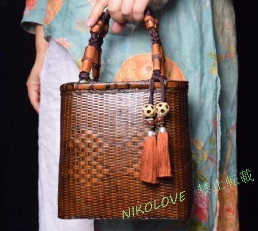 ☆新品大好評 竹編みバッグ斜め掛けレトロ竹バッグ茶器収納バスケット拍卖