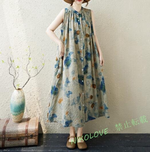 ☆新品ノースリーブワンピース ノースリーブ ロングワンピース 花柄 レディース 夏 綿麻風 シャツワンピース 体型カバー 大きいサイズ拍卖