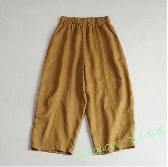 ☆新品 高品質パンツ ズボン ヒダ 麻100% リネン RINEN 通気性手触り抜群 ゆったり オシャレ フリーサイズ ナチュラル 生姜色系拍卖