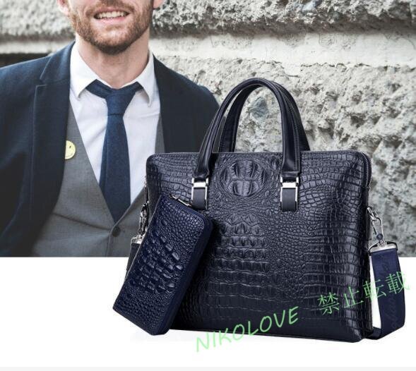 ☆新品 ビジネスバッグ メンズ トートバッグ ブリーフケース クロコダイル柄 鞄 カバン 就活 通勤 手提げ 斜めがけ A4 ブルー拍卖