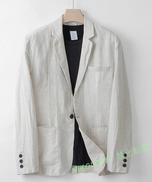 ☆新品リネンジャケット メンズ ワンボタン テーラードジャケット 100%麻 ブレザー スリム 清涼 長袖 無地 通勤 カジュアル カーキです拍卖