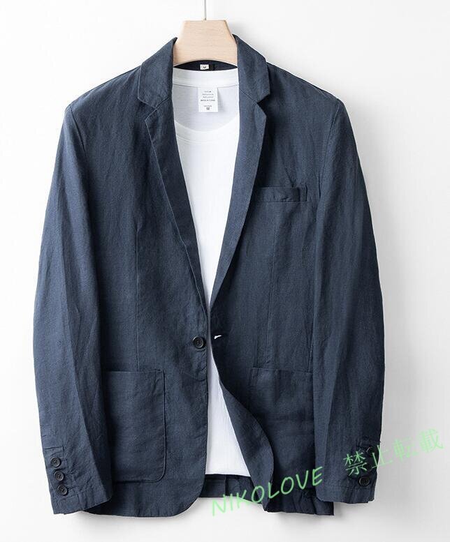 ☆新品リネンジャケット メンズ ワンボタン テーラードジャケット 100%麻 ブレザー スリム 清涼 長袖 無地 通勤 カジュアル ネイビー拍卖