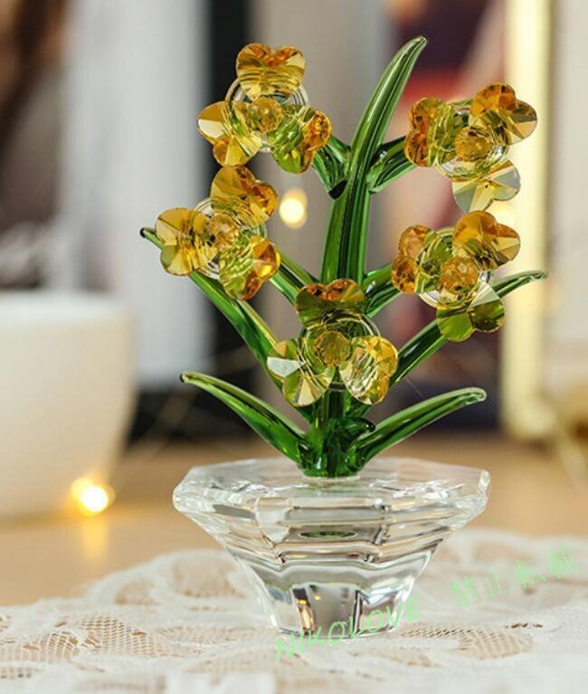 新品クリスタルガラスの水仙 きらきら輝く花置物 記念日 お祝い プレゼント ギフト 7色展開 インテリア 世話が要らない 雑貨 リビング 玄関拍卖