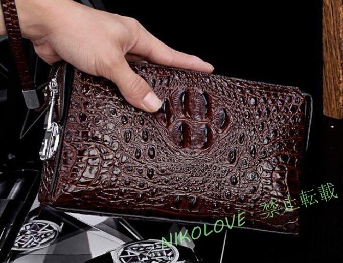 ☆新品クラッチバックセカンドバッグ メンズ本革高級牛革 使用ハンドメイド クロコダイル型押し 大容量 ダイヤルロック付き ブラウン拍卖
