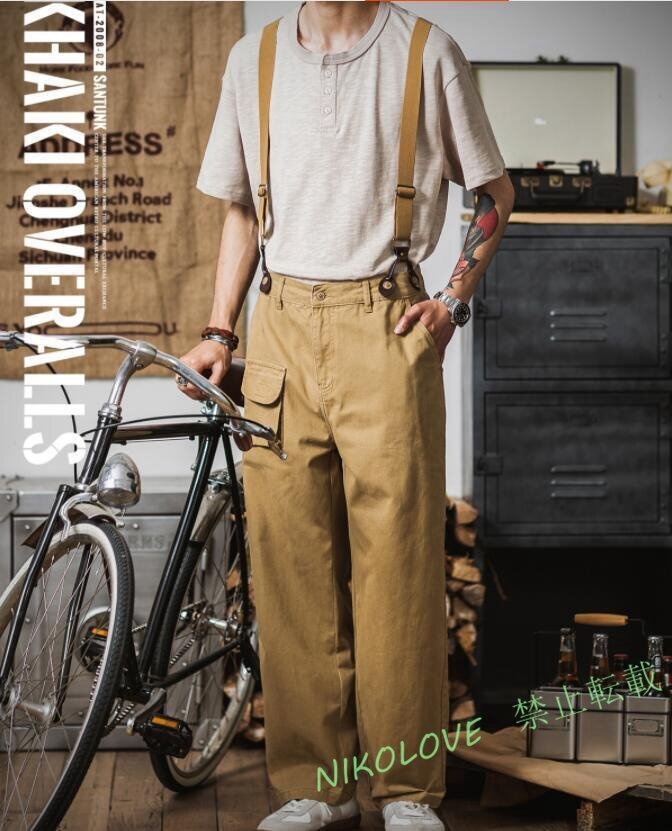 ☆新品SALE メンズ ミリタリーヴィンテージ復刻スタイル コットン サスペンダーオーバーパンツ◇チノサスペンダー付き 2XL拍卖