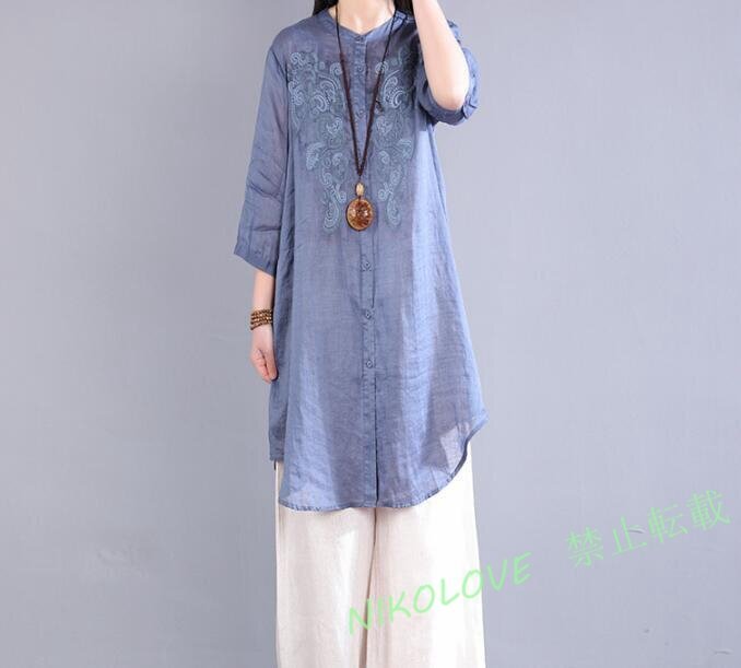 ☆新品 お色選択可シャツ チュニック レディース ロングシャツ ブラウス シャツワンピ 刺繍り トップス 七分袖 大きいサイズ ナチュラル拍卖