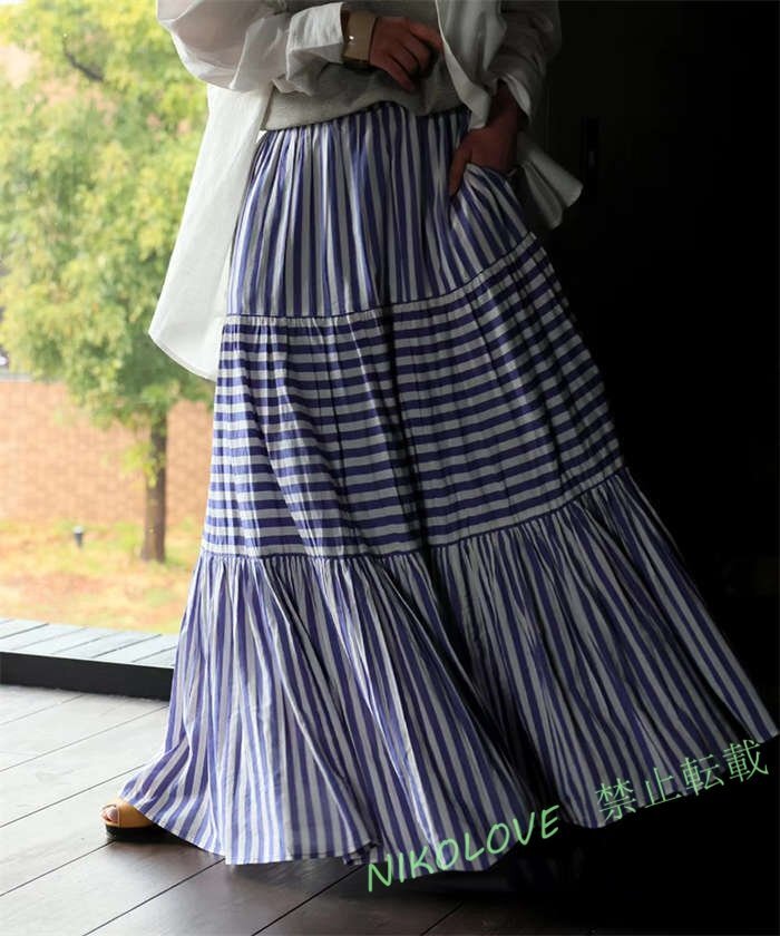 ☆新品お色選択可綺麗な青ストライプがおしゃれなマキシ丈スカート 大きいサイズ ティアードがおしゃれな裏地つきスカート拍卖