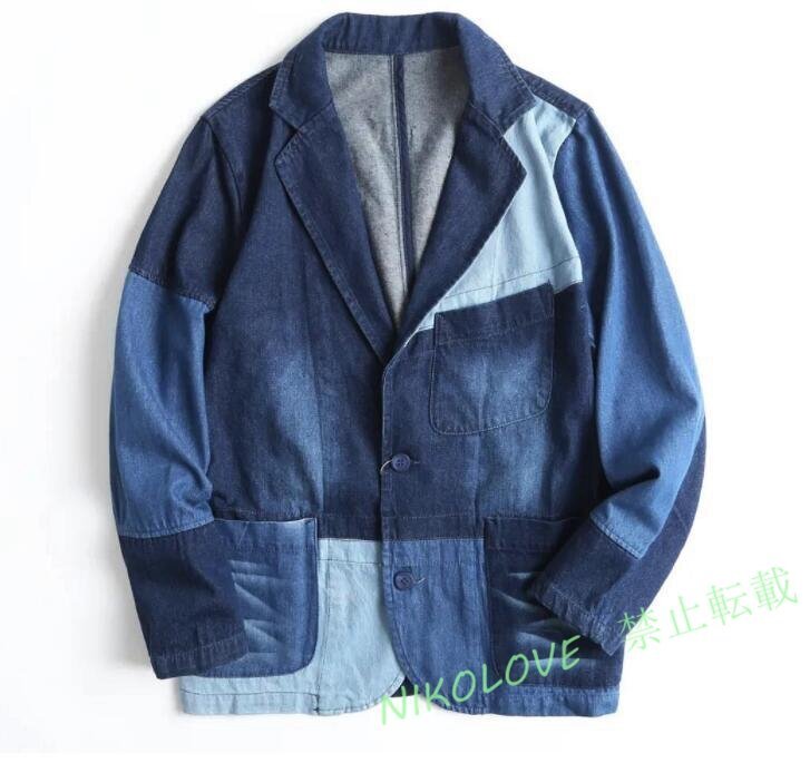 ☆新品アメリカン レトロ ウォッシュド クレイジー デニム テーラードジャケットサイズM~XL メンズ ヴィンテージ ネイビー拍卖