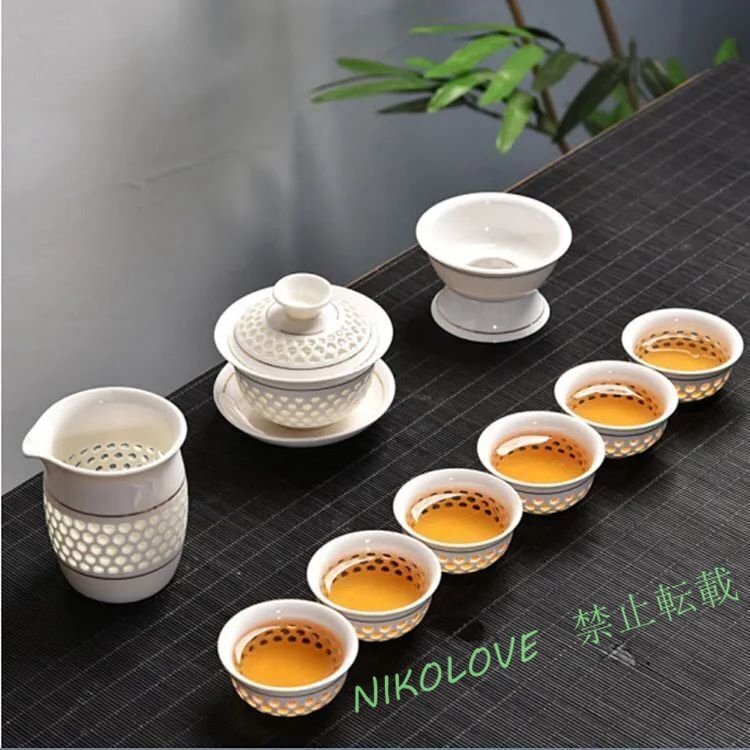 ☆新品9点セット 玲瓏磁 陶磁器 白磁 玲瓏 蓋碗 宝瓶 白い 茶器セット ティーセット ウーロン茶 紅茶茶器拍卖