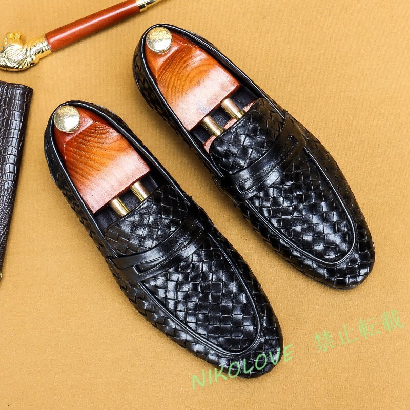 ☆新品ローファー 手作り 編み込み ビジネスシューズ メンズ 本革 スリッボン 牛革 レザーシューズ ドライビングシューズ 二色 ブラック拍卖