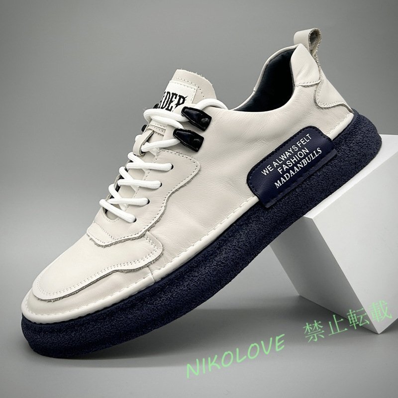 ☆新品 スニーカー 本革 レザーシューズ メンズ ウォーキングシューズ 白靴 男女兼用 柔らか 牛革 トレンド 配色 通気性 紺 24~27cm拍卖
