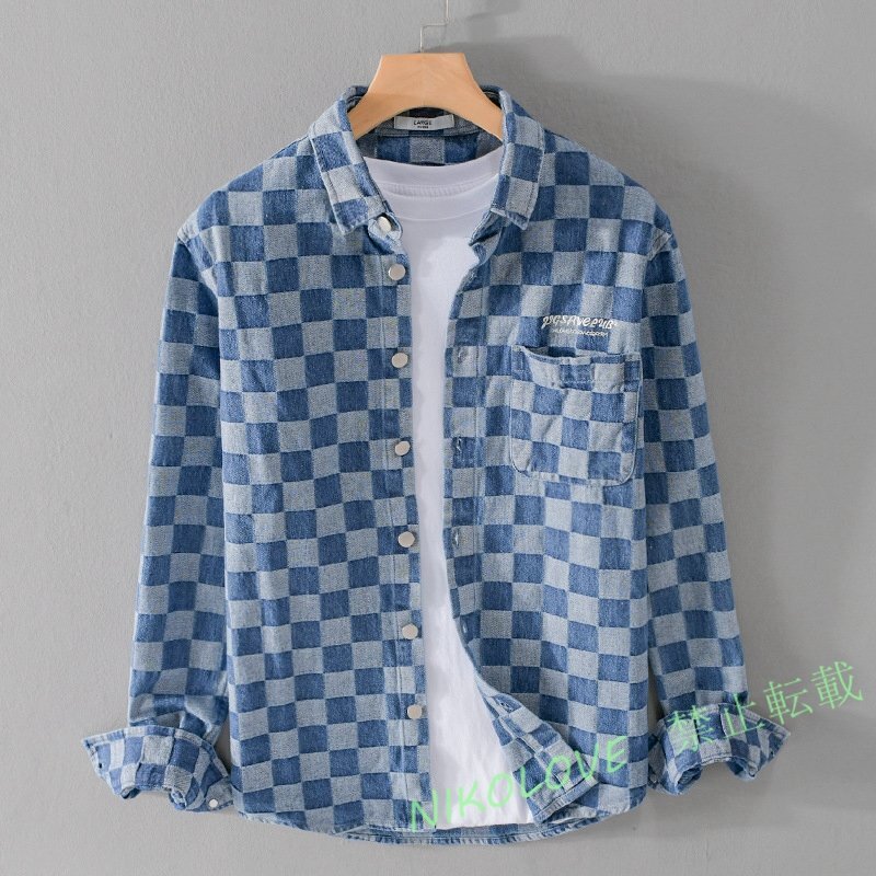 ☆新品長袖シャツ シャツジャケット 開襟千鳥格子 ウエスタンシャツ 春秋冬服 ブルゾン メンズ* トップス カジュアル ブルー拍卖
