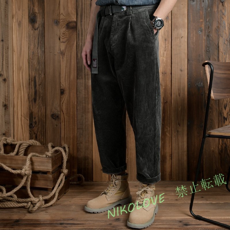 ☆新品コーデュロイパンツ ストレート メンズ* チノパン ブィンテージ ルーズ ゆったり 秋冬服 ズボン ベルト付き 灰 W31拍卖