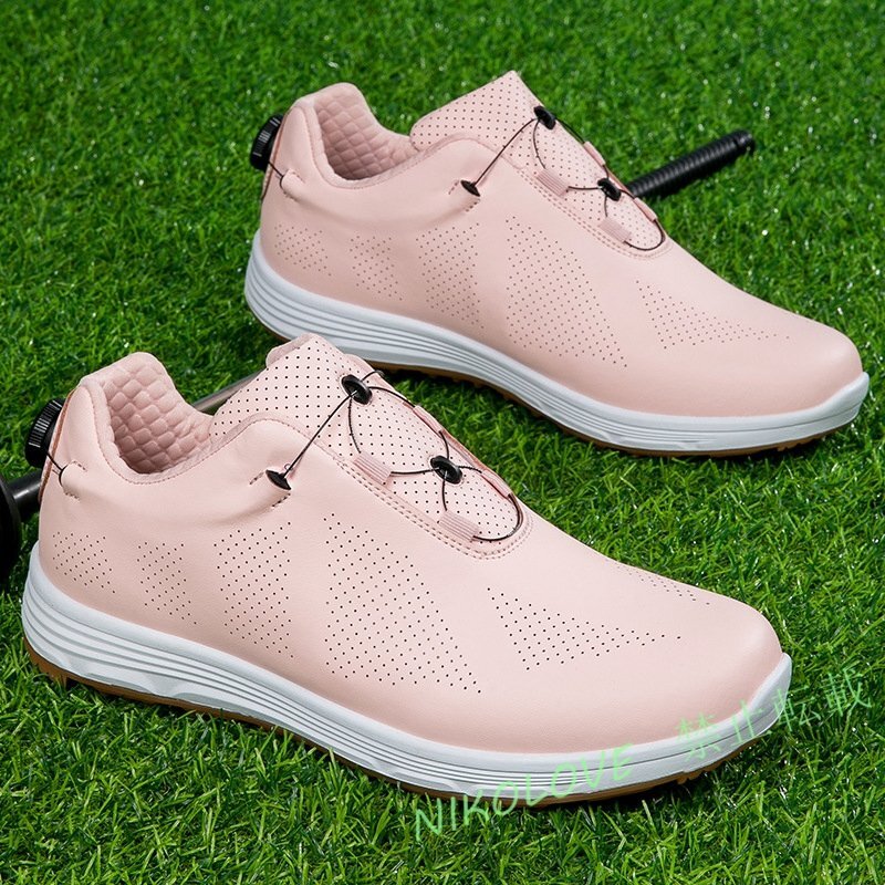 ☆新品 GOLF靴 ゴルフシューズ 男女スニーカー メンズ 運動靴 快適 防水スポーツシューズ 耐久性 4E幅広カジュアル耐摩耗 ピンク 23.5~28cm拍卖