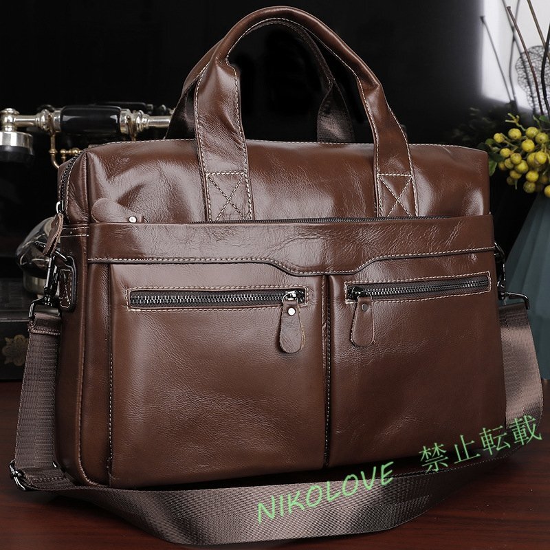 ☆新品大容量 高級牛革レザー レトロ メンズ 本革 斜めがけ ショルダーバッグ ビジネスバッグ ブリーフケース書類かばん ブラウン拍卖