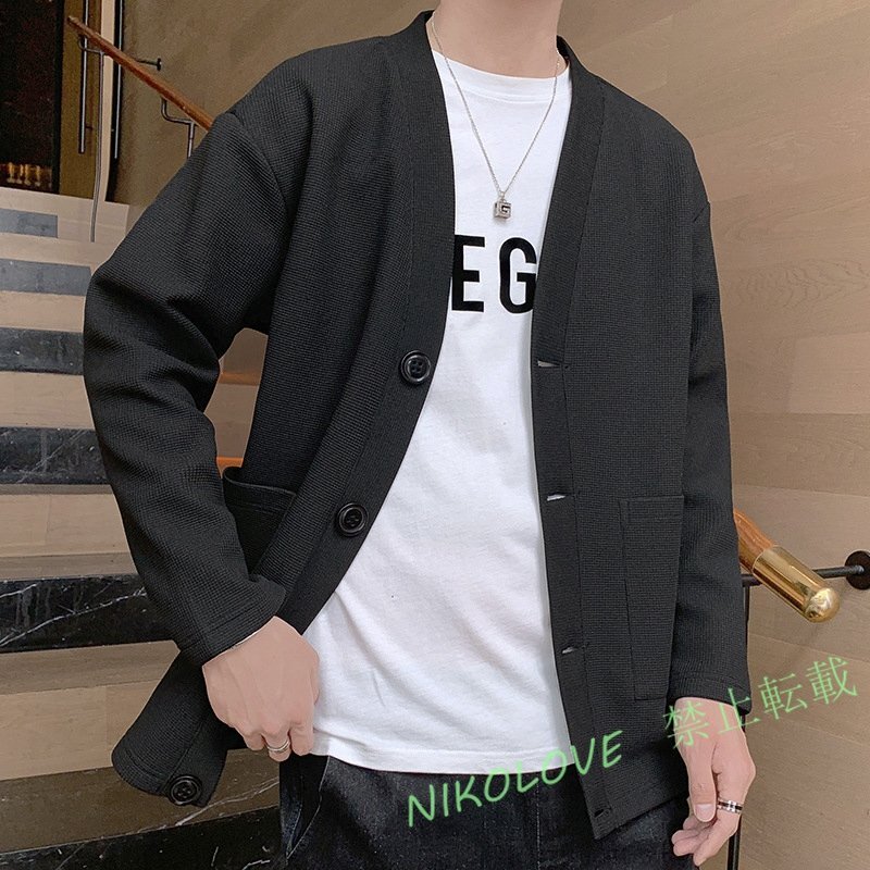 ☆新品 カーディガン メンズ ジャケット Vネック スウェットカーディガン 羽織り 長袖 前開き無地春夏秋カジュアル ブラック拍卖