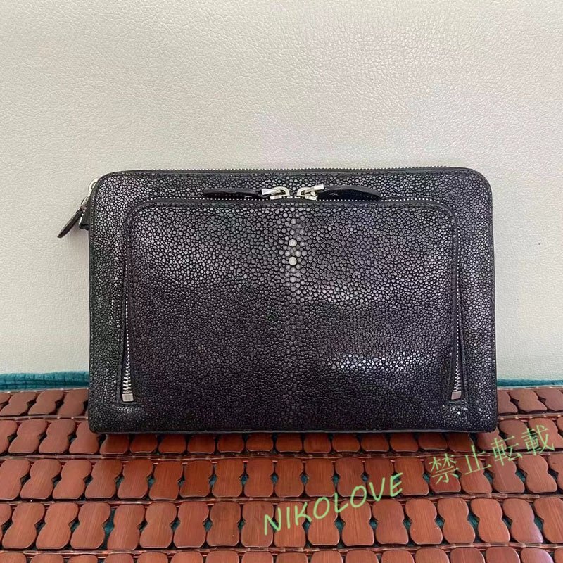 ☆新品 大容量光沢感ありエイ革スティングレー携帯入れガルーシャクラッチバッグセカンドバッグメンズ長財布財布ハンドバッグポーチ拍卖