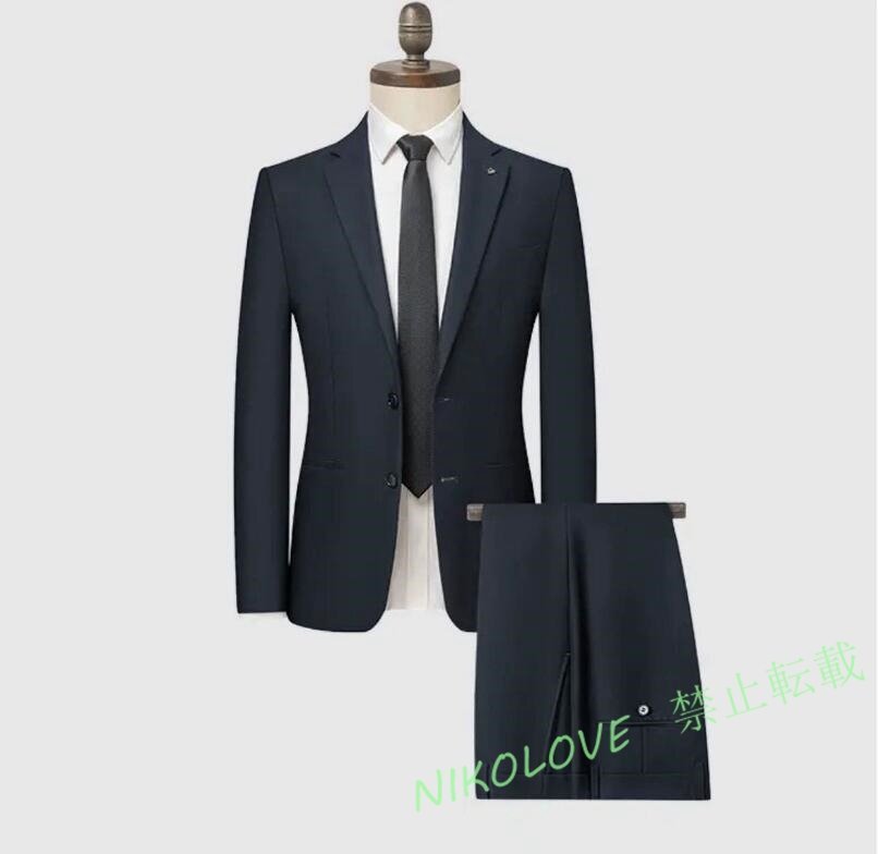 ☆新品 人気XL 高品質 無地 ウール混 シングルスーツ メンズ ビジネス セットアップスーツ ウエスト伸縮有り パンツ 春秋ネイビー拍卖