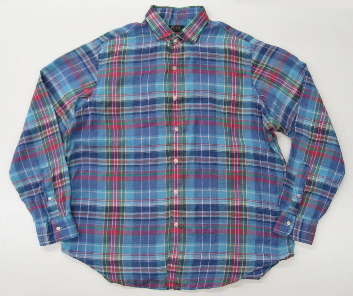 ポロラルフローレン スカイブルー マルチカラー リネン長袖シャツ XLサイズ POLO 鮮やかなカラー 麻100%拍卖