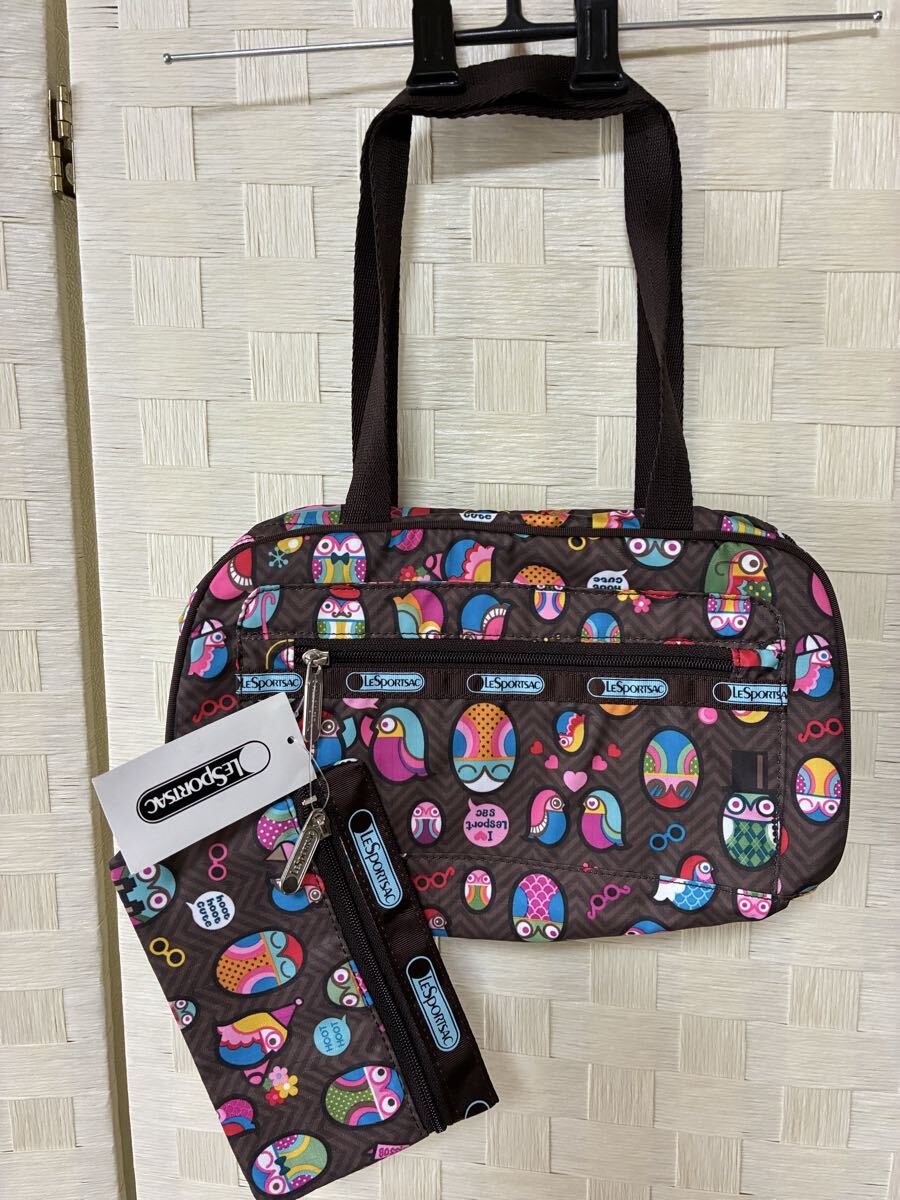 レスポートサック ショルダーバッグ LeSportsac ブラウン フクロウ柄 カラフル ポーチ付き 軽量 ナイロン LESPORTSAC ポーチ拍卖