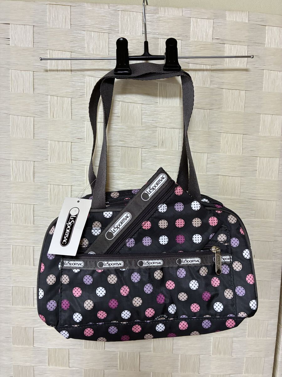 【新品未使用品】レスポートサック ショルダーバッグ カラフル LeSportsac ナイロン ブラック 可愛らしいドット茶色 軽量 ポーチ付き拍卖