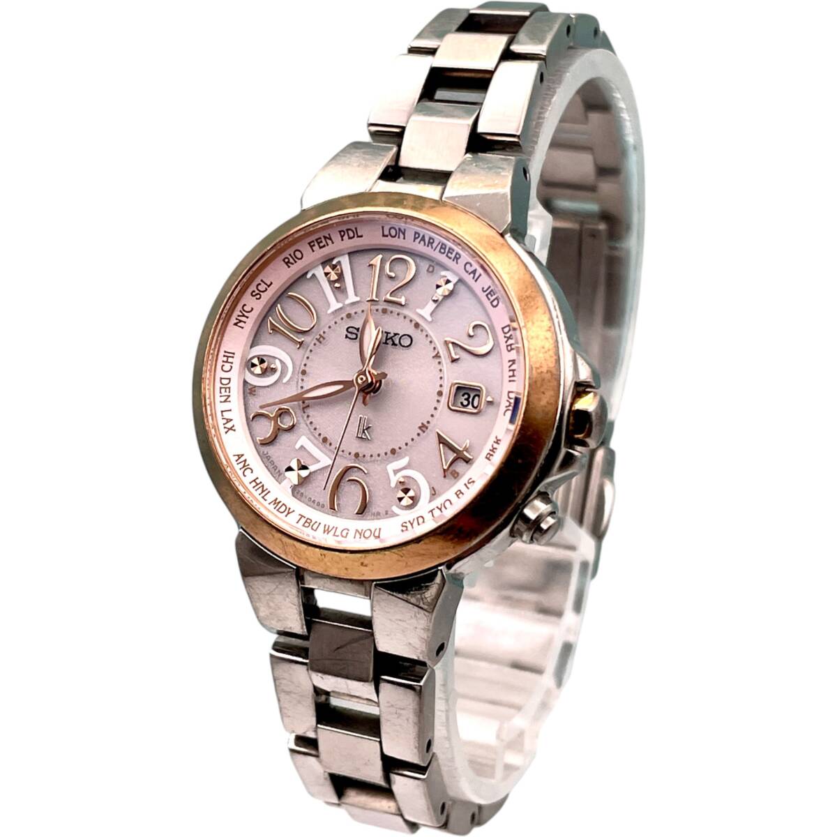 美品■稼働 SEIKO セイコー 1B25-0AC0 ルキア LK LUKIA ソーラー レディース腕時計 ピンクゴールド×シルバー デイト表示 5169-61-96拍卖
