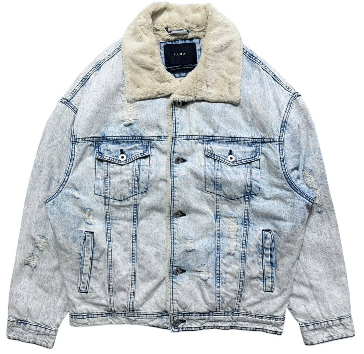 ZARA ザラ 裏地フェイクファー加工 ダメージ加工 デニムジャケット Gジャン ジージャン 40(L) インディゴ拍卖