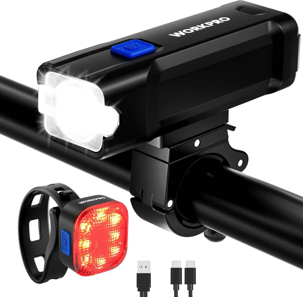 WORKPRO 自転車ライトセット 自転車ライト 自転車ヘッドライト テールライト【前後セット】充電式 ledライト4つ調光モード拍卖