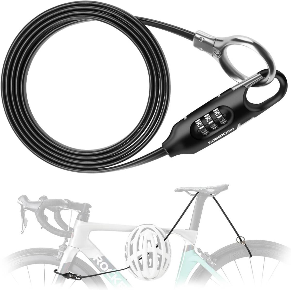 ブラック色 荷物掛けにもなる ROCKBROS 自転車 鍵 ワイヤーロック 3桁ダイヤル式 カギ不要 盗難防止 自転車 ロック 長さ150cm 拍卖