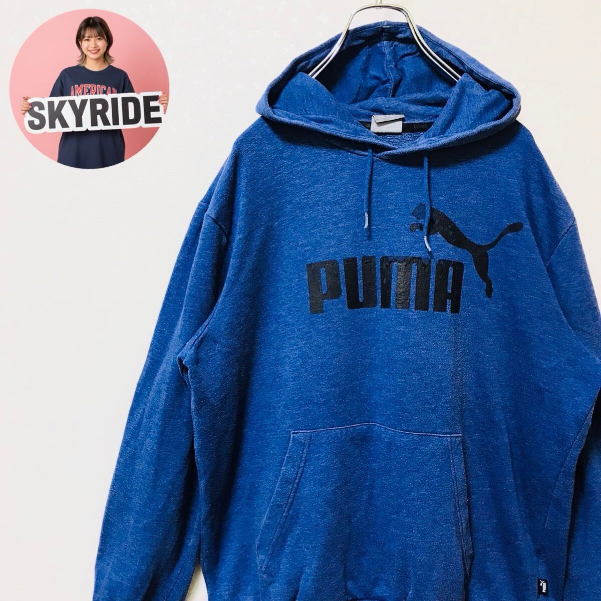 【人気】PUMA プーマ 2018年製 パーカー スウェット ジャンピングキャット ビッグロゴ プリント M ブルー ゆるだぼ ストリート系 #TT0359拍卖